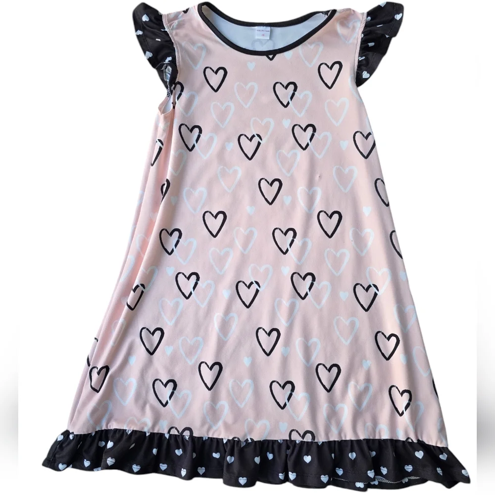 Penelope Plumm Pink/Black Heart Ruffle Dress Size 12